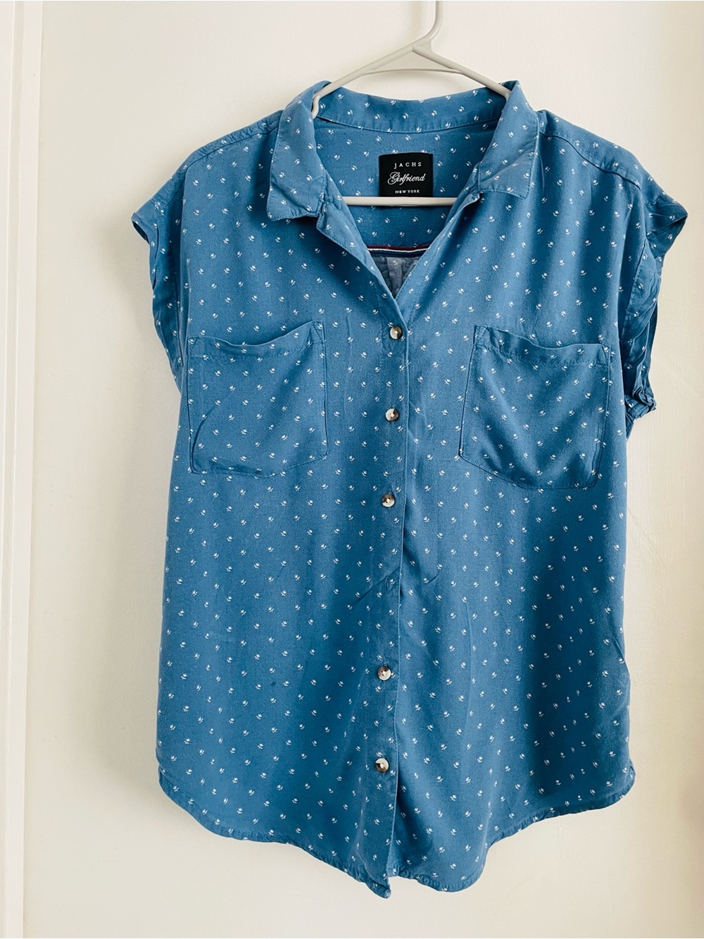 JACHS Girlfriend Blue Short-Sleeve Button-Up Blouse with Tiny White Dot Print